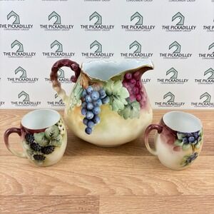 Bavaria Hand Painted Porcelain Fruit Pitcher and Mugs Set Grapes Berries 3pc